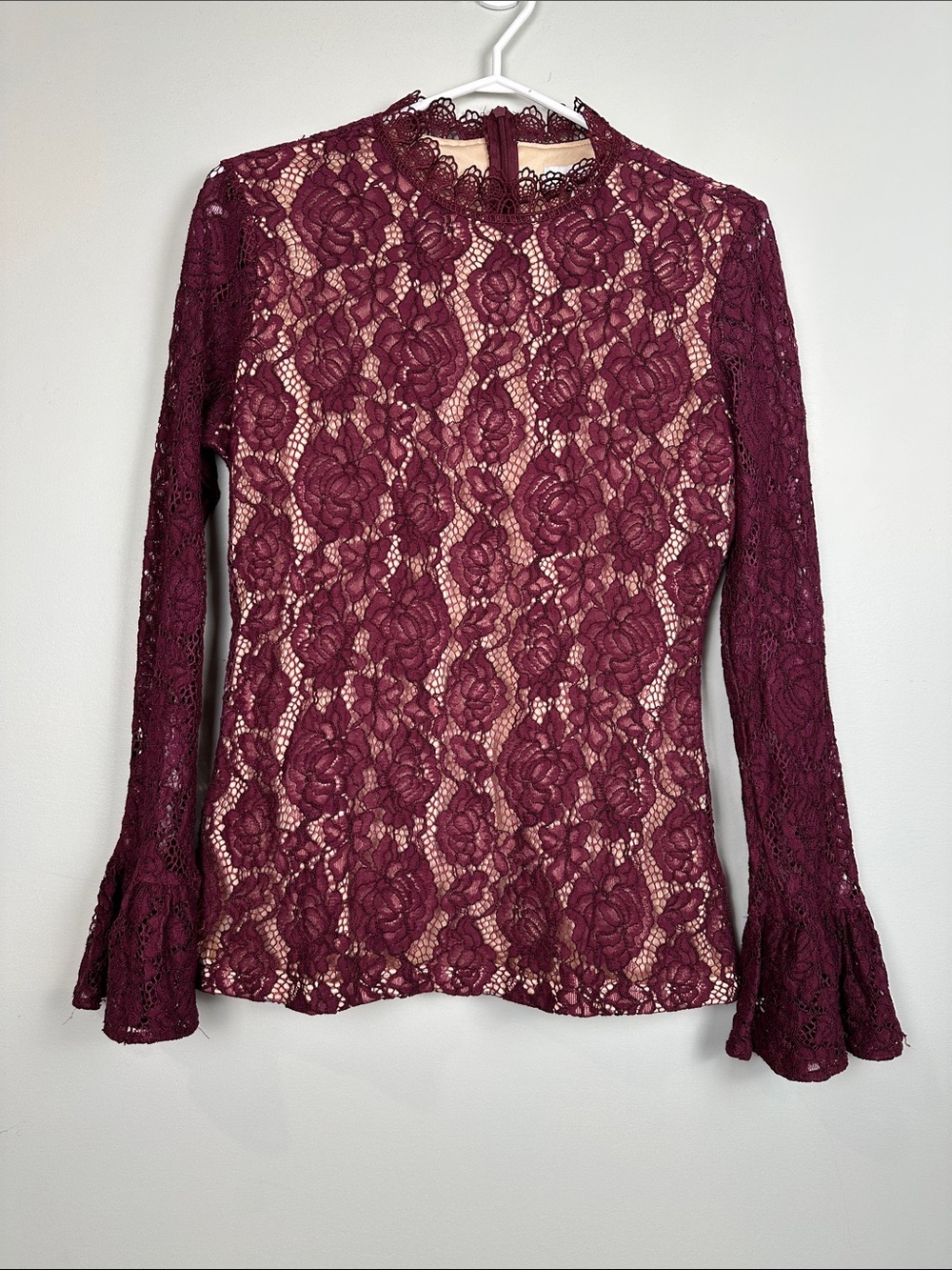 DRY LAKE lace burgundy top with bell long sleeves romantic feminine sheer lined